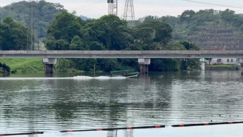 Landscape view of estuary of River "Rio Chagres" flows into Panama Canal Stock Footage 320114129