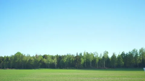 Landscape view of green field on the side of the road from car window Stockbeeldmateriaal 171915547