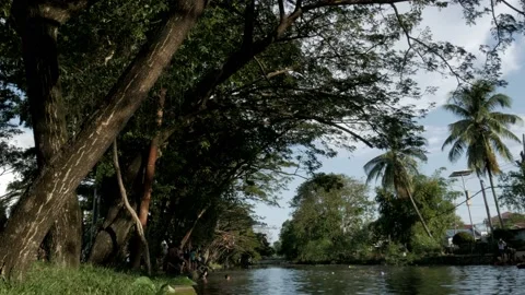 Landscape view of green urban open space with river canal Stock Footage 132451095