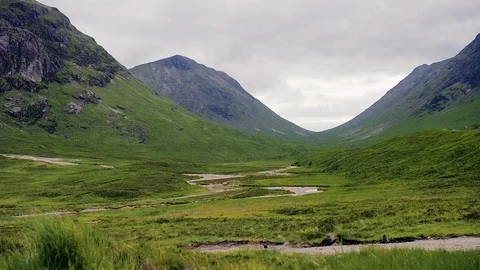 Landscape view to the green valley in the Scottish Highlands Stock Footage 87810372