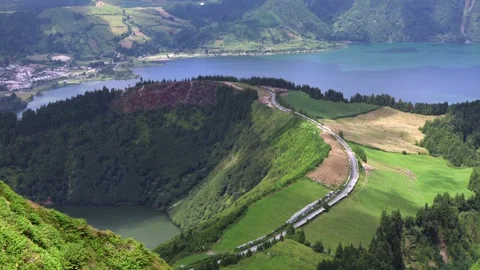 Landscape view from "Grota do Inferno" to Santiago and Sete Cidades Lake, Azores Stock Footage 328327092