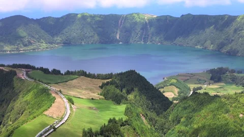 Landscape view from "Grota do Inferno" to Sete Cidades Lake, Sao Miguel, Azores Stock Footage 328327095