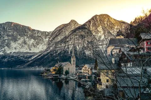 A landscape view of Halstatt in winter Stock Photos