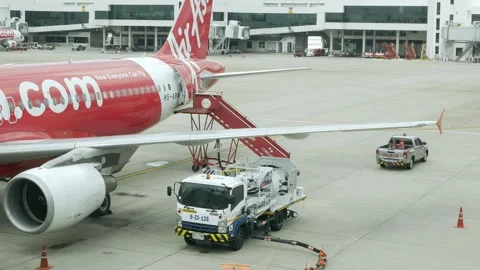 Landscape view from inside DMK Donmueng airport terminal with airasia airbu.. Stock Footage 291800619