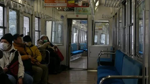 Landscape view inside local japan kyoto public train full with passenger wh.. Stock Footage 276353406