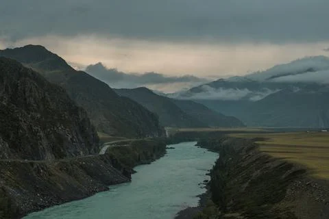 Landscape with a view of the Katun mountain river in the Altai Republic Stock Photos