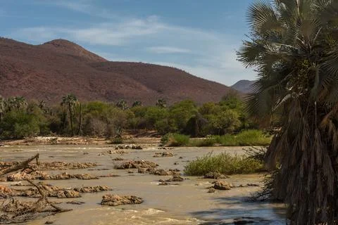 Landscape view of the Kunene River, the border river between Namibia-Angola Stock Photos
