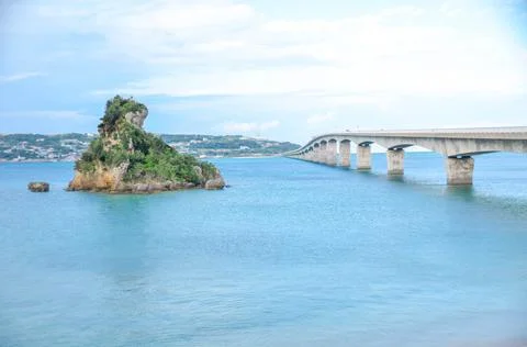 Landscape view of the long bridge through the sea in summer daytime of Okinawa Stock Photos