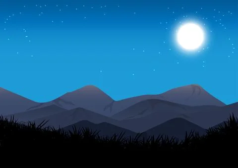 Landscape view mountain and Moon on the sky at night time graphics Stock Illustration