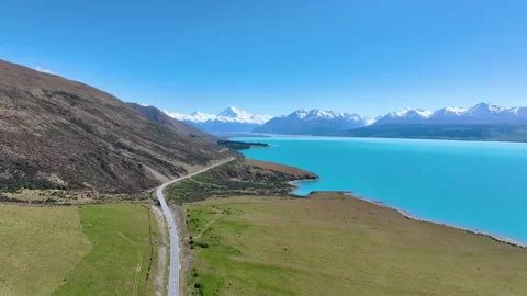  Landscape view of mountain range near Aoraki Mount Cook and the road Video stock 231960873