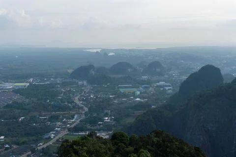 Landscape view on mountains and fields with vegetation, from Tiger Cave Tem.. Stock Photos