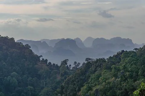 Landscape view on mountains and fields with vegetation, from Tiger Cave Tem.. Stock Photos