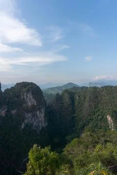 Landscape view on mountains and fields with vegetation, from Tiger Cave Tem.. 스톡 사진
