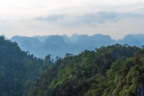 Landscape view on mountains and fields with vegetation, from Tiger Cave Tem.. Stock Photos