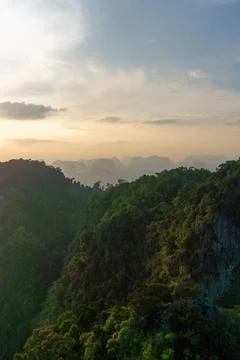 Landscape view on mountains and fields with vegetation, from Tiger Cave Tem.. Stock Photos