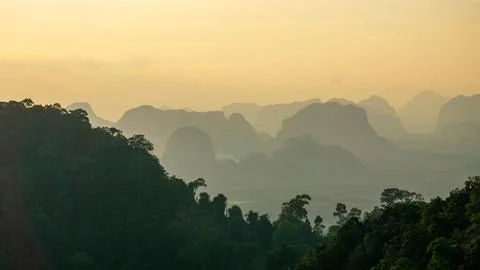 Landscape view on mountains and fields with vegetation, from Tiger Cave Tem.. Stock Photos
