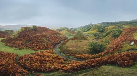Landscape view of mountains with path in autumn Stock Photos