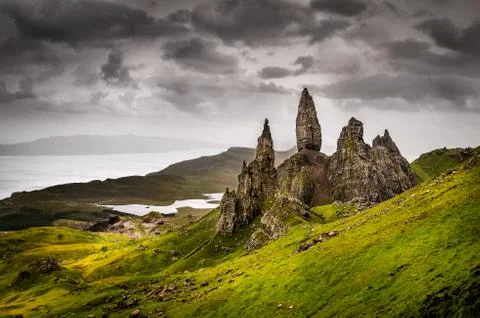 Landscape view of old man of storr rock formation, scotland Stock Photos