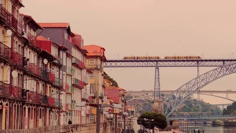 Landscape view on old town with Douro river and bridge in Porto, Portugal Stock Footage 107337213