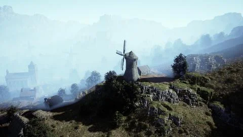 Landscape view on the old windmill Stock Illustration