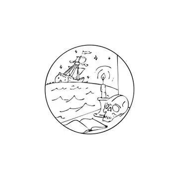 Landscape with the view from the open window with a book, a candle and a skul Ilustración de archivo