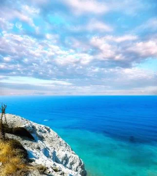 Landscape view over the famous blue bay near the birthplace of Aphrodite in C Stock Photos