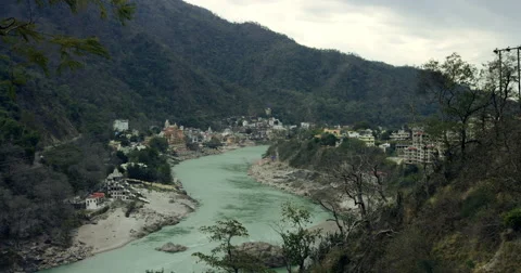 Landscape view over Ganges and Rishikesh valley Stock Footage 59978969