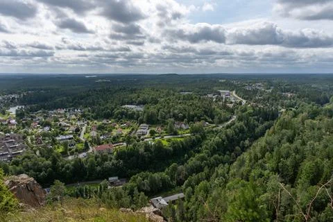Landscape view over town of Taberg from Taberg Topp in Sweden Stock Photos
