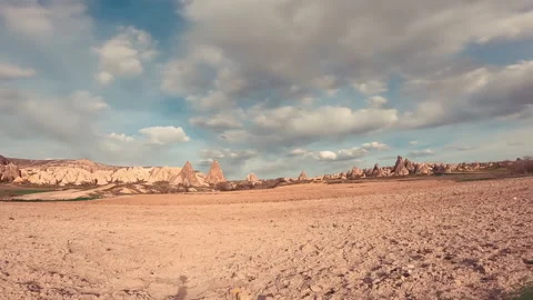 Landscape view over typical rock formations in Cappadocia. Video stock 239654992