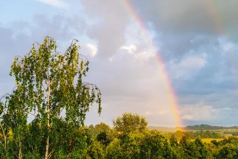 Landscape view with rainbow, green meadows and trees, rain and rainbow in the Stock Photos