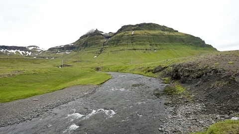 Landscape view of river with water flowing in Grundarfjordur, Iceland Stock Footage 93785232