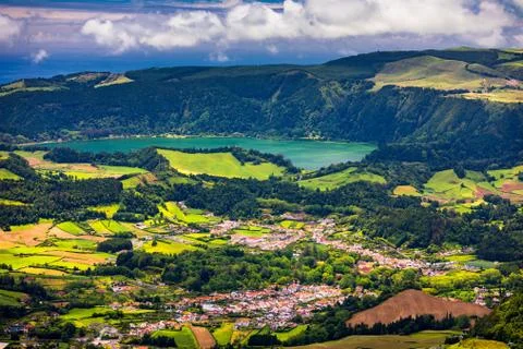 Landscape view in Salto do Cavalo (Horse Jump) with the Lagoon of Furnas in t Stock Photos