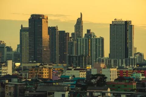 Landscape view of skyscraper on sunset Stock Photos