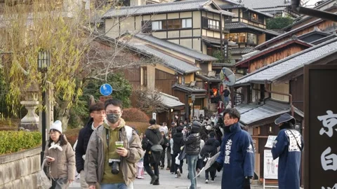 Landscape view of small ancient valley Ninenzaka through Kyoto Ancient town.. Stock Footage 316393810