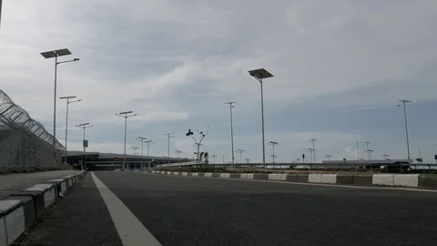 Landscape view of solar powered LED lights system of parking area Stock Footage 122349499