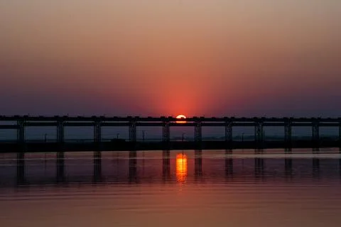 Landscape view of sunset over the koshi river in Inaruwa. Stock Photos