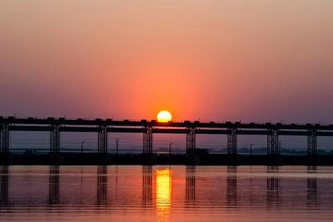 Landscape view of sunset over the koshi river in Inaruwa. Stock Photos