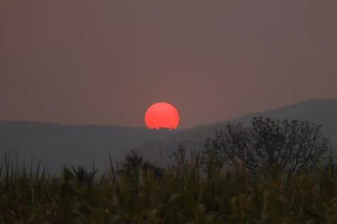 Landscape view of sunset with trees and mountains Stock-Fotos
