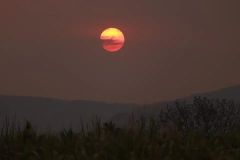 Landscape view of sunset with trees and mountains Stock-Fotos