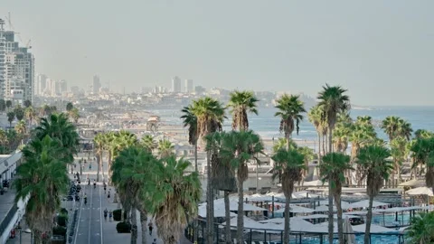Landscape view of Tel Aviv beach promenade boardwalk during summer day outdoors Stock Footage 312446874