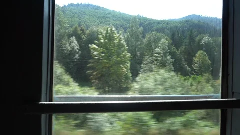 Landscape view from the window of the moving train Stock Footage 109051209
