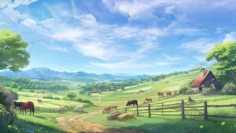 Farmland panorama with green fields, barns, farms, rural homes, and  windmills. Blue sky, green grass, meadows, and houses may be seen in the  backdrop. country farming farmland. Generative AI Illustration Stock |