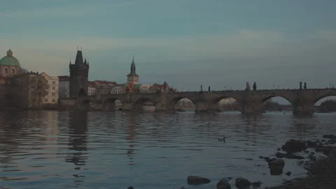Landscape with Vltava river and Charles Bridge Stock Footage 200054525
