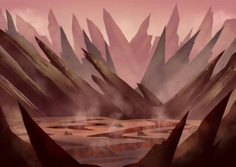 Landscape of Volcano Mountain with Sharp Rock and Fiery Atmosphere Stock Illustration