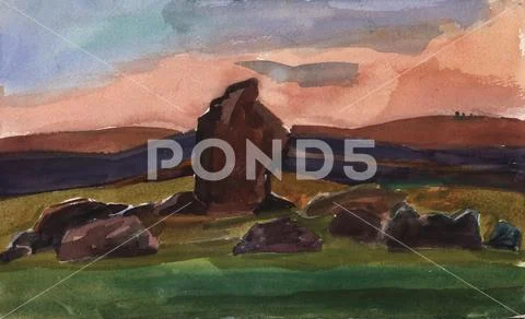 Landscape. Watercolor sketch of rocks at sunset. Menhirs, illustration. Stock Photos