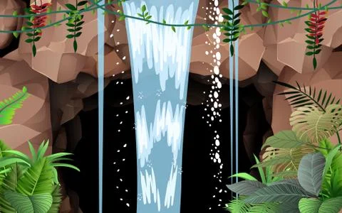 Landscape of waterfall on the cave in the jungle Stock Illustration