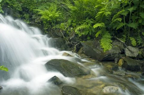 Landscape with waterfall in the mountains Stock Photos
