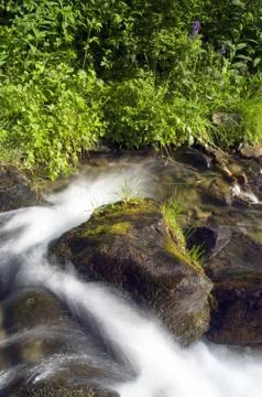 Landscape with waterfall in the mountains Stock Photos