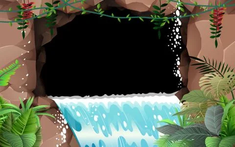 Landscape of waterfall out of cavern in the forest Stock Illustration