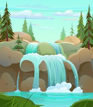 Landscape with waterfall rounded rocks among rocks. Cascade shimmers downward イラスト素材